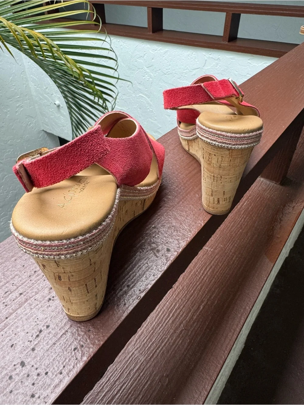 A. Giannetti Coral Dark Coral Suede Cork Wedge Sandals